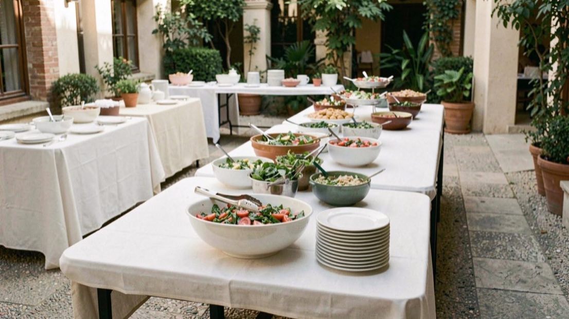 Buffet de réception dressé en ligne sur des tables rectangulaires avec plats en gradins et piles d’assiettes en début de parcours.