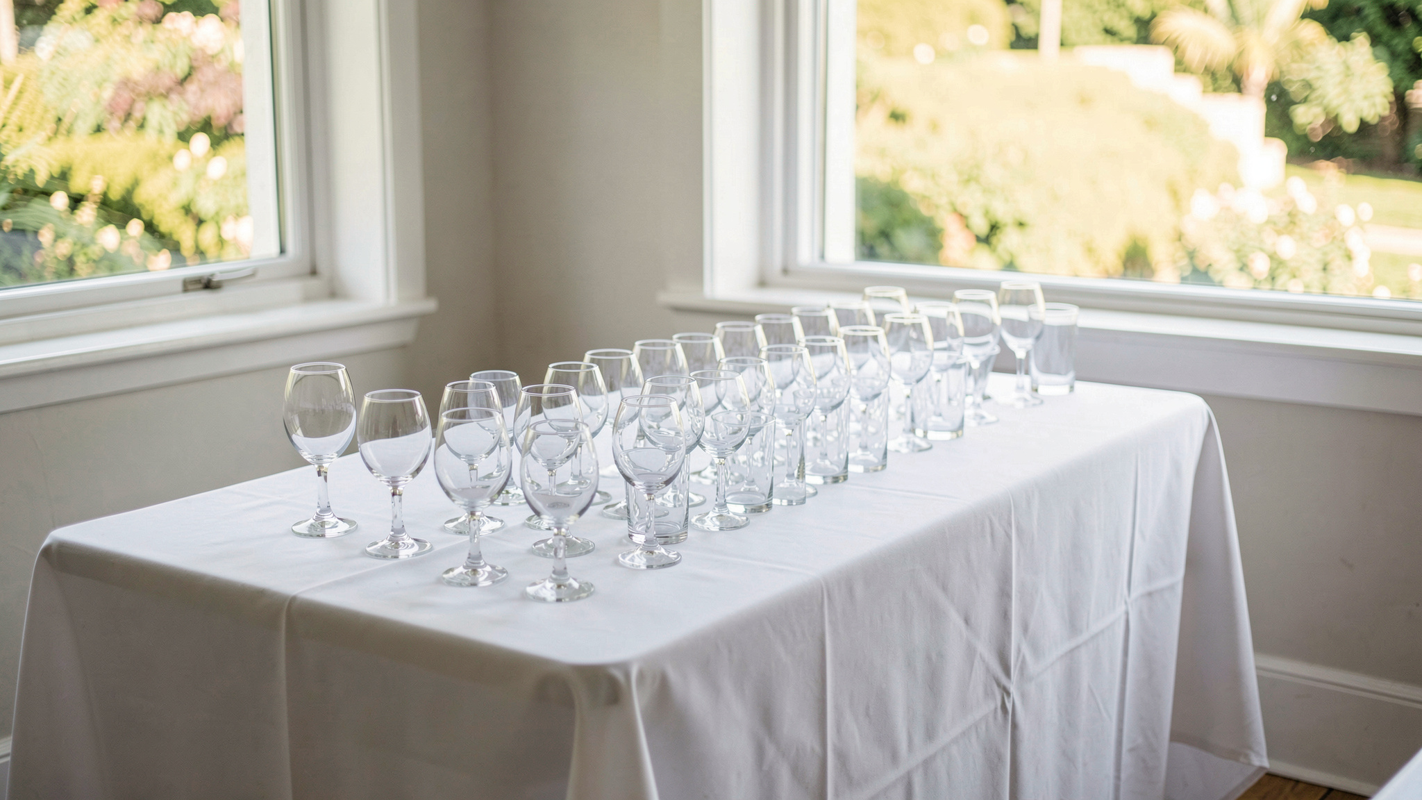 Une table de réception dressée dans une salle lumineuse, nappes blanches et verres alignés, lumière naturelle de fin de matinée entrant par une large baie, cadrage en plongée légère depuis le coin de la table.