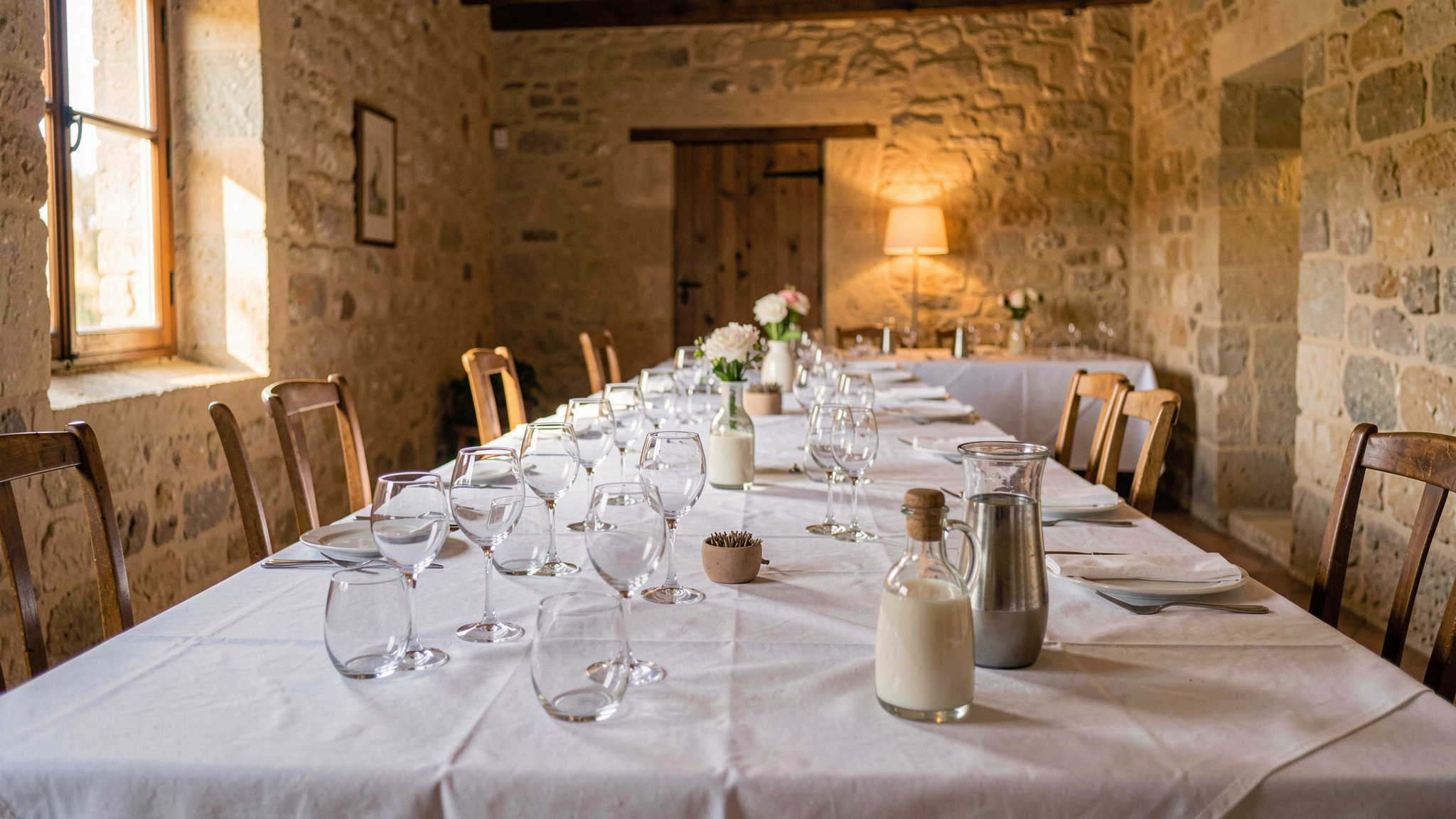 Une table de réception dressée dans une salle provençale en fin d'après-midi, nappes blanches, verres alignés, lumière chaude venant d'une fenêtre latérale, cadrage large depuis le fond de la salle.