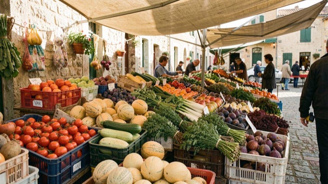 Étal coloré d’un marché varois au matin avec cagettes de tomates, melons, courgettes et bouquets d’herbes fraîches.