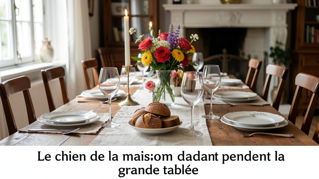 Chien de berger couché sur un tapis dans une arrière-cuisine pendant qu’une grande table est dressée au fond, lumière douce.
