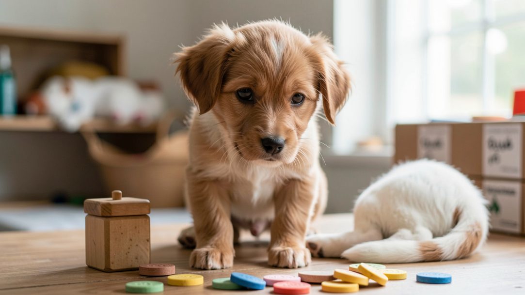 Chiot corgi de quelques semaines dans un panier avec plaid et carnet de notes, lumière de cuisine en matinée.