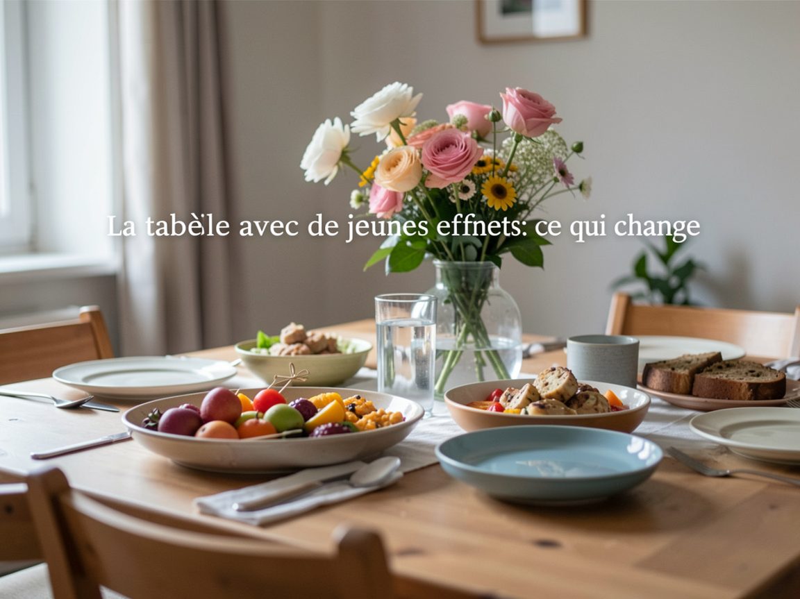 Table d’enfants dressée à côté de la grande table avec petites assiettes colorées, chaises basses et carafes d’eau, lumière de jour.