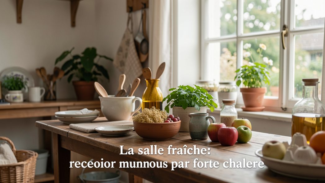 Salle de réception aux volets clos avec tables dressées et ventilateurs de brassage, lumière tamisée par forte chaleur.