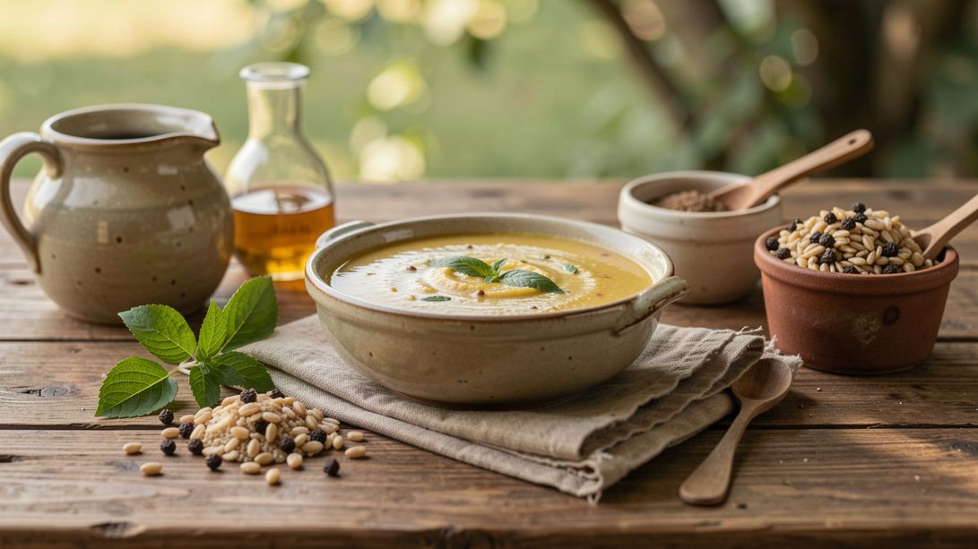 Grande marmite de soupe de légumes et légumes secs posée sur une table de ferme avec louche en bois et tranches de pain.