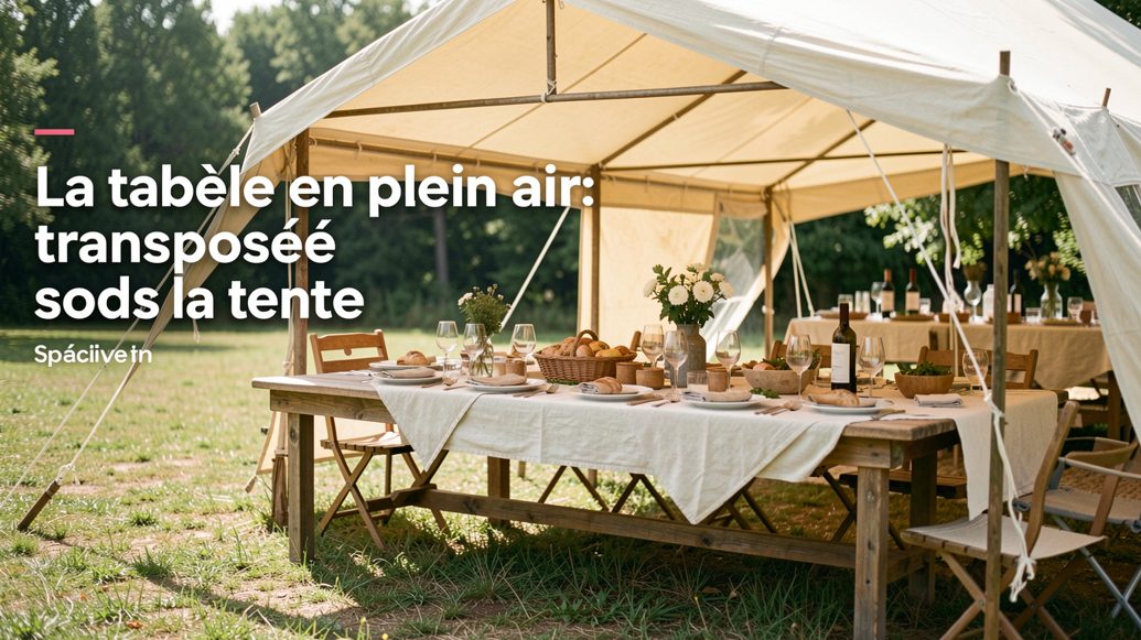 Table de camping pliante dressée devant une tente familiale avec réchaud, glacière et saladiers, sous les pins en fin de journée.