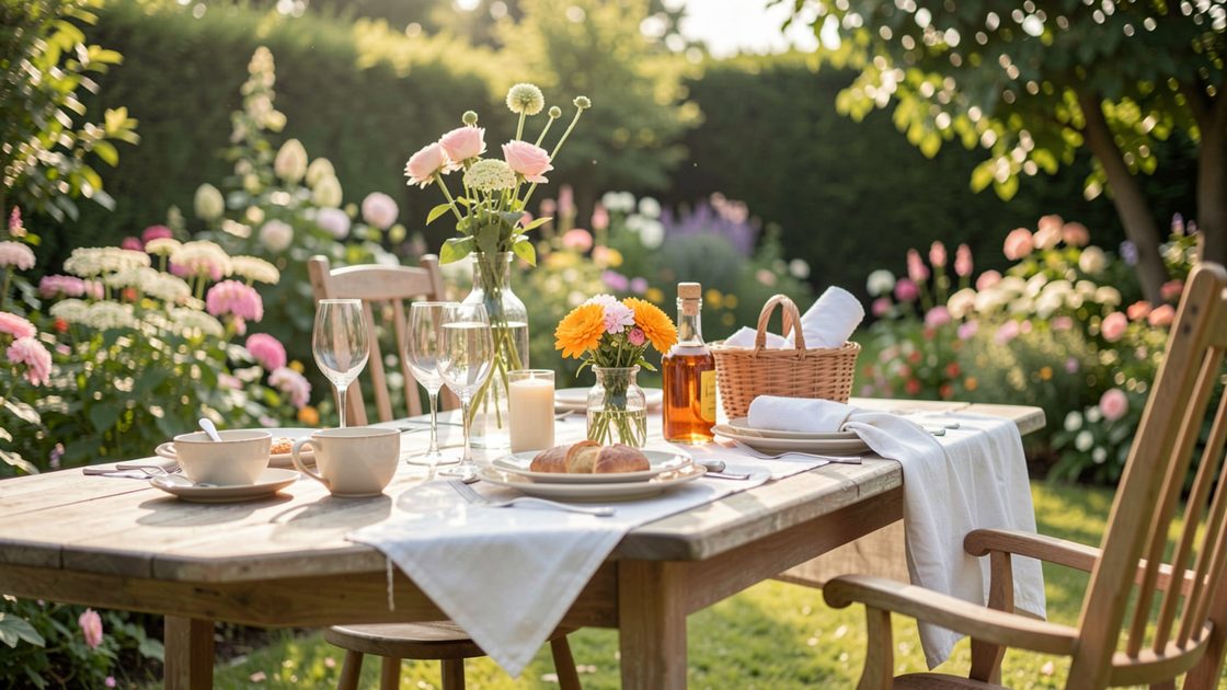 Spa gonflable installé sur une terrasse en bois à côté d’une grande tablée dressée dans un jardin, lumière de fin d’après-midi.