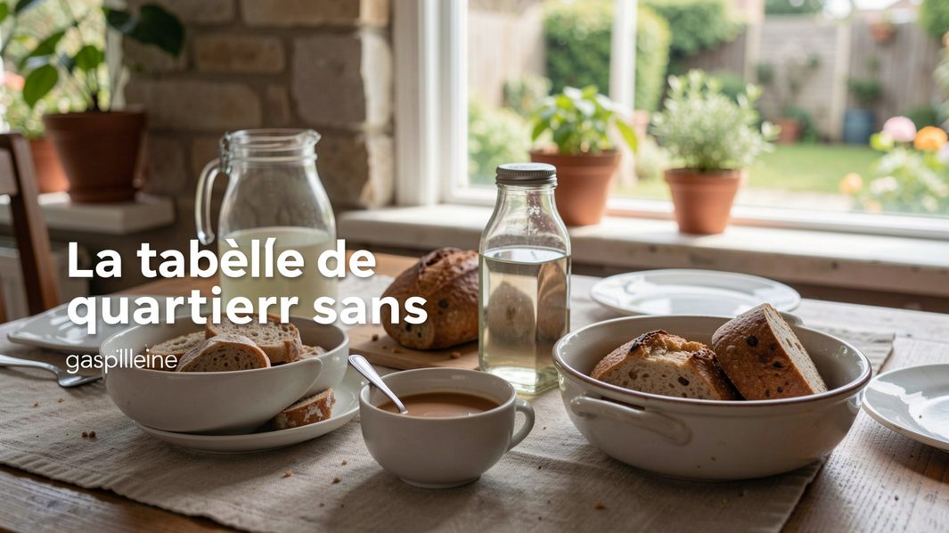 Grande table commune dressée dans une cour d’immeuble avec des plats apportés par les voisins et des paniers partagés.