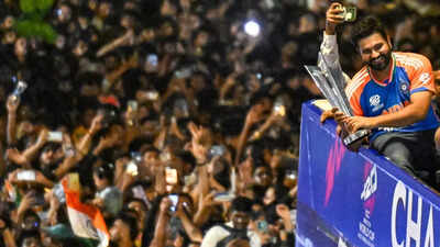 Rohit Sharma's victorious moment with the T20 World Cup trophy.