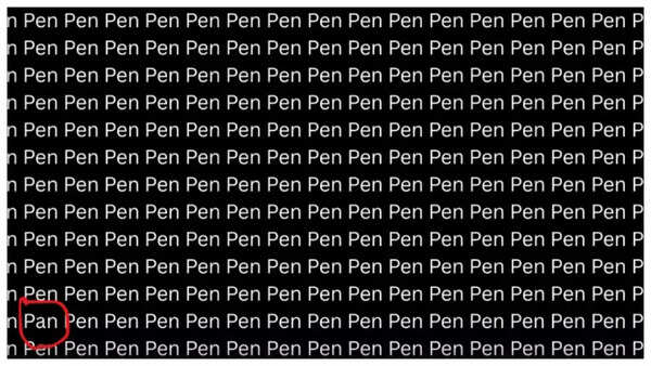 The solution to the optical illusion, highlighting the word 'pan' among 'pens'.